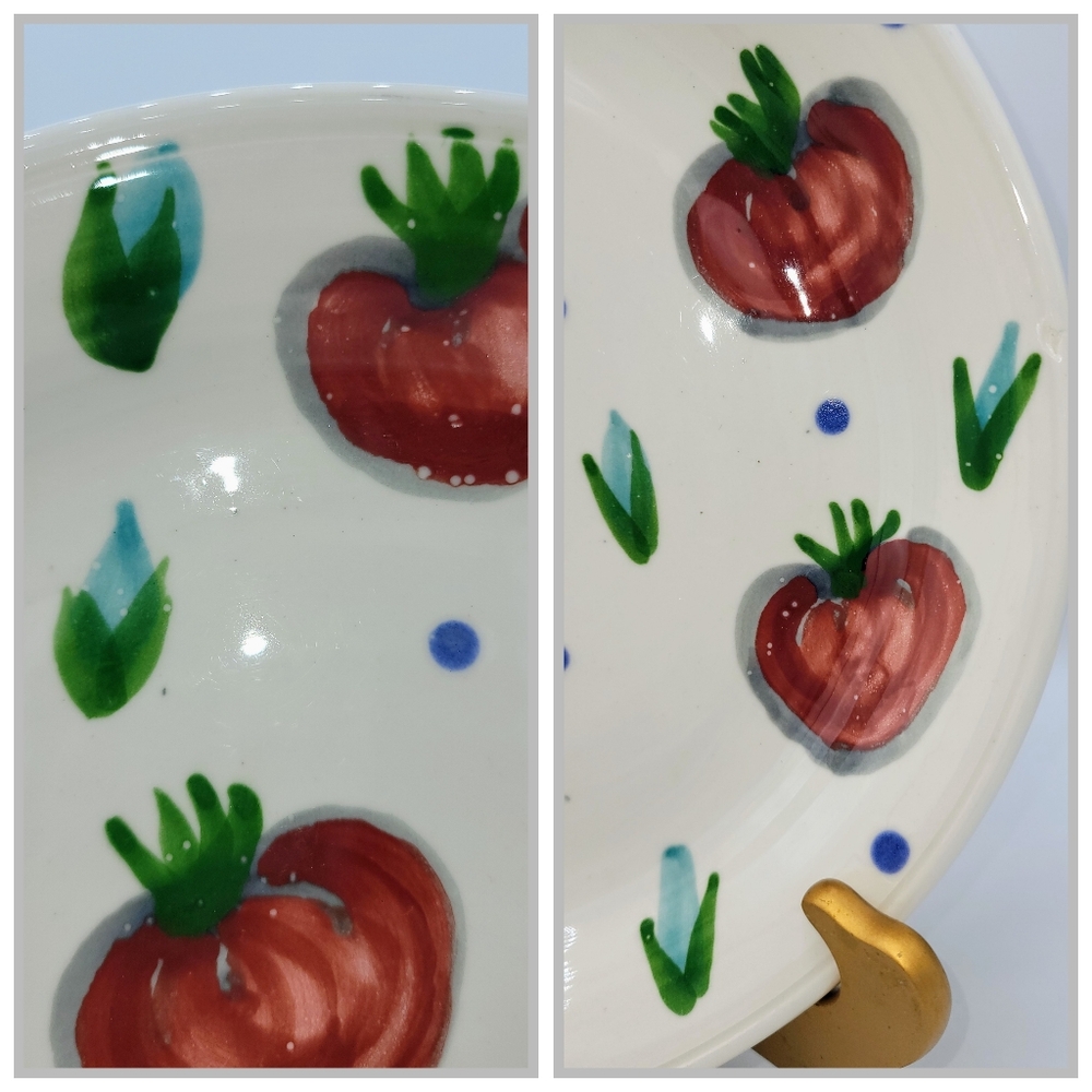 1990 Hand Painted Lidded Pottery Bowl & Plate Set Tomato Motif Vermont Signed - Picture 3 of 14